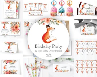 Fox Theme Birthday Party Decorations, 14 Item Woodland Theme Birthday Party Decor, Party Kit, Editable, Printable, Instant Download, A101