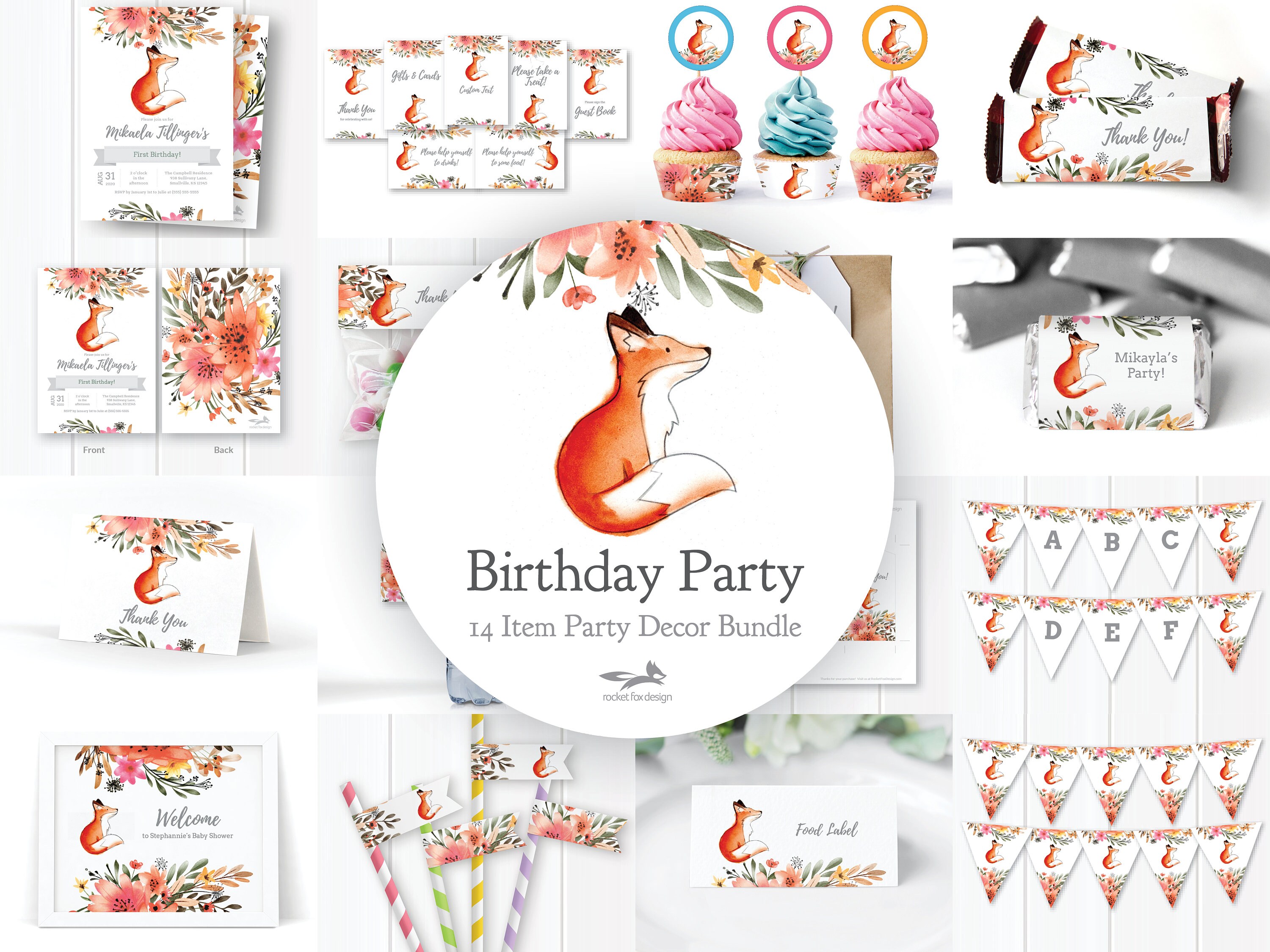 Fox Theme Birthday Party Supplies Decorations, 48PCS Fox Party Supplies Kit  Includes Fox Happy Birthday Banner, Fox Balloons And Various Party