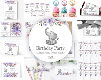 Elephant Theme Birthday Party Decorations, Woodland Theme Birthday Party Decor, Party Kit, Editable, Printable, Instant Download, A102