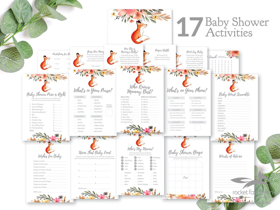 Fox Theme Baby Shower 17 Activity Bundle, 17 Baby Shower Activity Pack ...