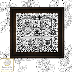 May include: Black and white cross stitch pattern of a framed design with various symbols and images, including a spider, a skull, a dice, and a sword. The pattern is titled "Lemon Aida Cross Stitch Patterns".