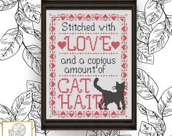 Stitched with Love and Cat Hair Cross Stitch Pattern PDF
