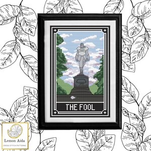 May include: Cross stitch pattern of the Fool card from a tarot deck. The Fool is depicted as a man standing on a cliff, with a backpack and a staff. The background is a landscape with a blue sky and clouds.