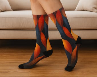 Abstract Leaf Pattern Crew Socks Colorful Nature Inspired Comfort Unisex