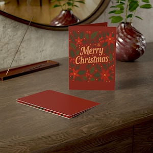 Carte de voeux joyeux Noël | Carte de vœux avec message à l'intérieur | Conception festive de poinsettia aquarelle et de houx | 5 x 7 avec enveloppe