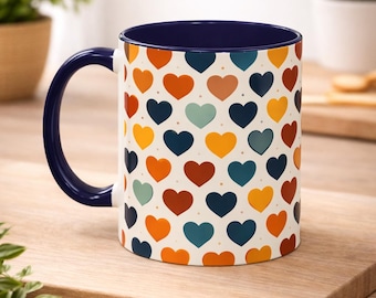 Taza de corazón colorido / Taza de café retro con estampado de puntos / Regalo de 11 oz y 15 oz