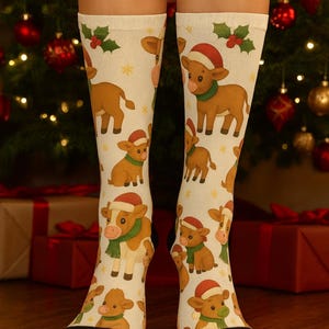 Christmas Cow  Calf Crew Socks  Cute Farm Animal Holiday Socks  Santa Hats & Scarves Cozy Unisex Cow Print Socks for Women  Men
