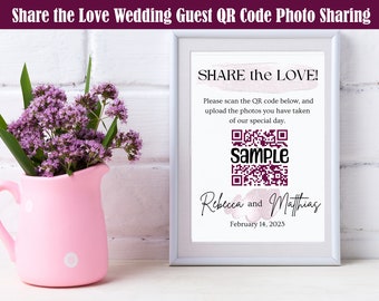 Guest Photo Sharing QR Code Template, Wedding Signs, Wedding Decor, Wedding QR Code, Wedding Photos, Photo share, Pink, Purple, Minimalist