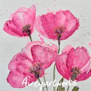Single art card/poppies card/pink paper poppies watercolour art card