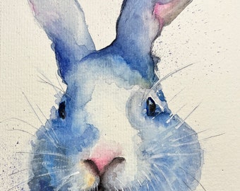 Blue Bunny Watercolor Painting, Original Nursery Art (5.5x8.5 in)