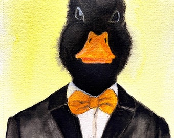 Single art card/black duck art print/duck in a tuxedo art card