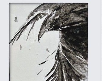 Acuarela de cuervo, arte monocromático de córvidos (11 x 15 pulgadas)