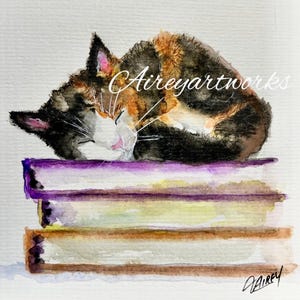 Une seule carte d'art/carte aquarelle chat calicot/impression d'art confortable chat calicot