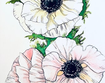 Single art card/pale flowers art print/floral watercolour art card/poppies anenome print