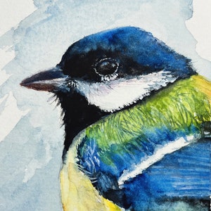 Carte d'art unique/carte d'art mésange bleue/carte d'art oiseau mésange bleue/carte imprimée aquarelle mésange bleue