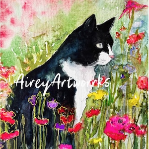 Biglietto d'auguri singolo/Arte del gatto in smoking/Carta acquerello del gatto in bianco e nero/Stampa artistica del gatto in smoking in giardino