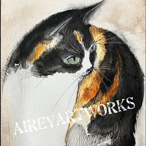 Carte d'art unique/Carte aquarelle chat calicot/impression d'art chat calicot