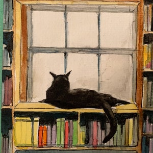 Aquarelle unique/Chat noir en librairie/Chat noir avec impression de livres/Carte d'art mascotte de librairie