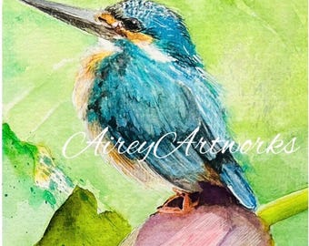 Kingfisher Art Card, Bird on Lotus Flower Watercolor Print