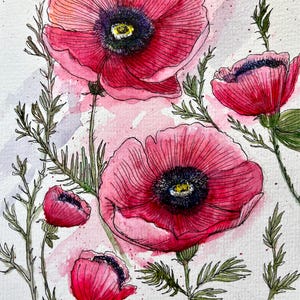 Single art card/poppy watercolour printed card/red poppy flowers printed card
