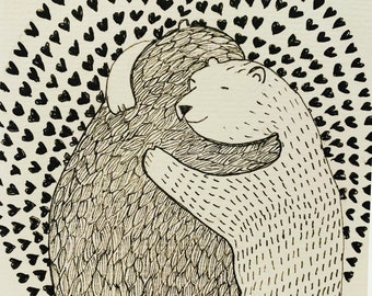 Carte d'art unique / dessin à l'encre noir et blanc d'ours / carte de câlin d'ours mignon/impression d'art de câlin d'ours