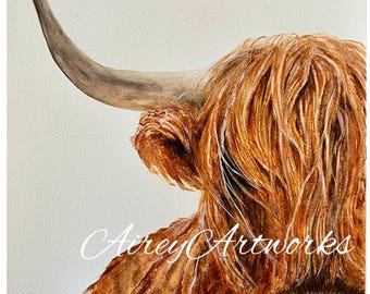 Aquarel Highland Cow: origineel portret longhorn, 11 x 14 inch