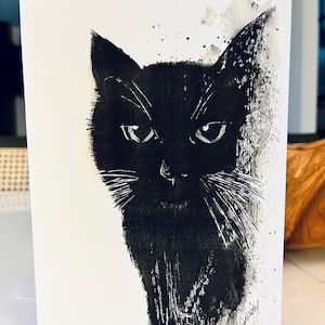 Carte d'art unique/art de chat noir/carte aquarelle de chat noir/impression d'art de chat noir