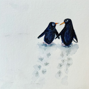 Carte d'art unique/Carte aquarelle de couple de pingouins de Snowmate/impression d'art de pingouins mignons