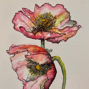 Einzelstück/ rosa Mohnblumen Aquarelldruck Karte/ Mohnblüten Aquarellkarte