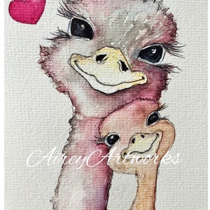Une seule carte d'art/carte d'art aquarelle d'autruche/mignonne carte d'art pour maman et bébé autruche