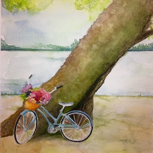 Vintage cruiser bike original watercolour painting, Summer Ride  bicycle at the beach 11x15 inch original hand painted watercolour