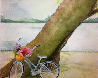 Vintage cruiser bike original watercolour painting, Summer Ride  bicycle at the beach 11x15 inch original hand painted watercolour