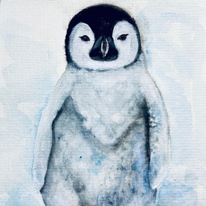 Carte d'art unique/carte aquarelle poussin pingouin empereur/impression d'art mignon bébé pingouin