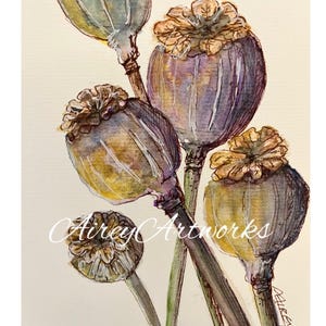 Une seule carte d'art/carte de têtes de graines de pavot/carte d'art aquarelle têtes de graines de pavot