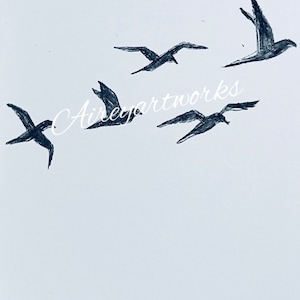 Carte d'art unique/dessin à l'encre d'oiseaux en vol/carte de volée d'oiseaux/impression d'art d'oiseau
