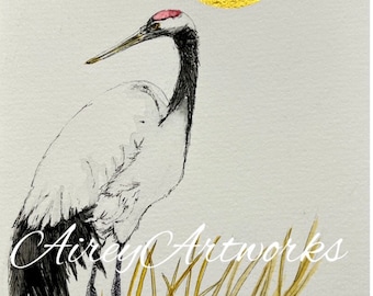 鶴のオリジナル水彩画、日本の鶴アート、鶴アート、雪の中の鶴、鶴、鶴