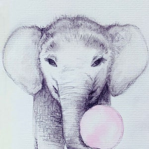 Carte d'art unique/Bébé éléphant avec carte d'art boule rose/impression aquarelle éléphant mignon/art bébé éléphant