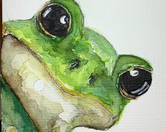 Single art card/Frog Eyes/green frog watercolour art card