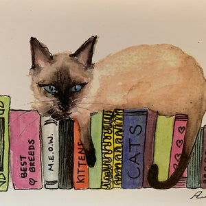Une seule carte d'art/aquarelle chat siamois/impression chat asiatique/chat siamois et livres d'art