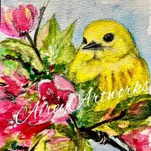 Single art card/warbler watercolour print/yellow bird in cherry blossoms card