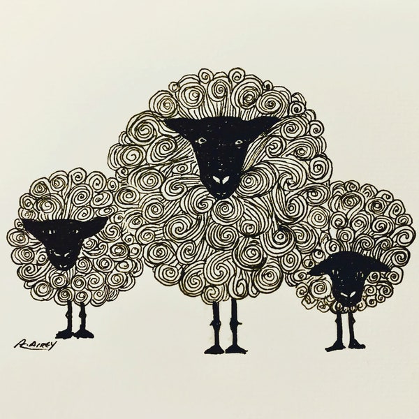Carte d'art unique/carte d'art de mouton laineux noir/impression de carte d'art de mouton noir laineux