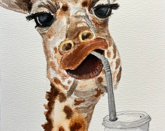 Giraffe original watercolour painting/giraffee drinking coffee watercolour/5.3x7.6 inch (135 x195 mm) giraffe painting