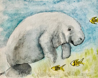 Manatee Watercolor Art Card - Gentle Sea Cow Print