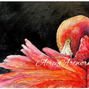 Flamingo original watercolour/pink flamingo watercolour and ink 9x12 inch original artwork