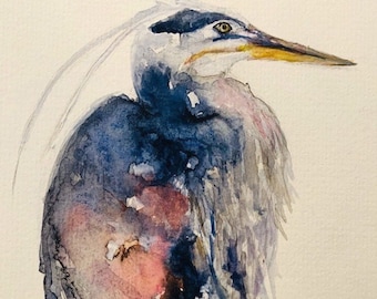 Cartão com arte em aquarela de garça-azul, impressão de pássaro índigo (5x7)