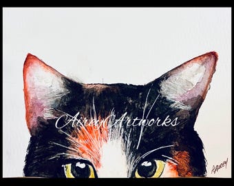 Tarjeta de arte de gato calico en acuarela, lámina de gato