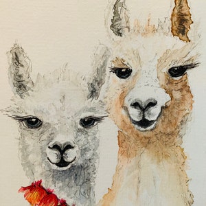 Lama Kunstkarte/ Einzelstück/ Lama Kunst Karte/ Alpaka Aquarell/ Lama Paar Karte