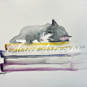 Single art card/grey kitten nap books card/kitten art card/sleeping grey kitten watercolour card/cat art print