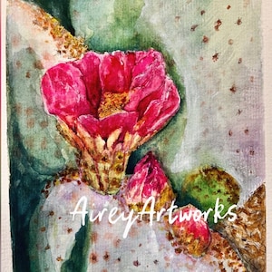 サボテンの花のオリジナル水彩画/ウチワサボテンの水彩画（5.5x8.5インチ）
