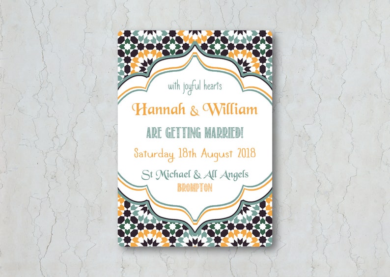 Moroccan-Themed Wedding Invitation - Blue, Gray, and Orange